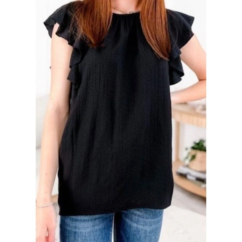 Zenana black blouse zenana blose womens small flutter sleeve butterfly small NEW